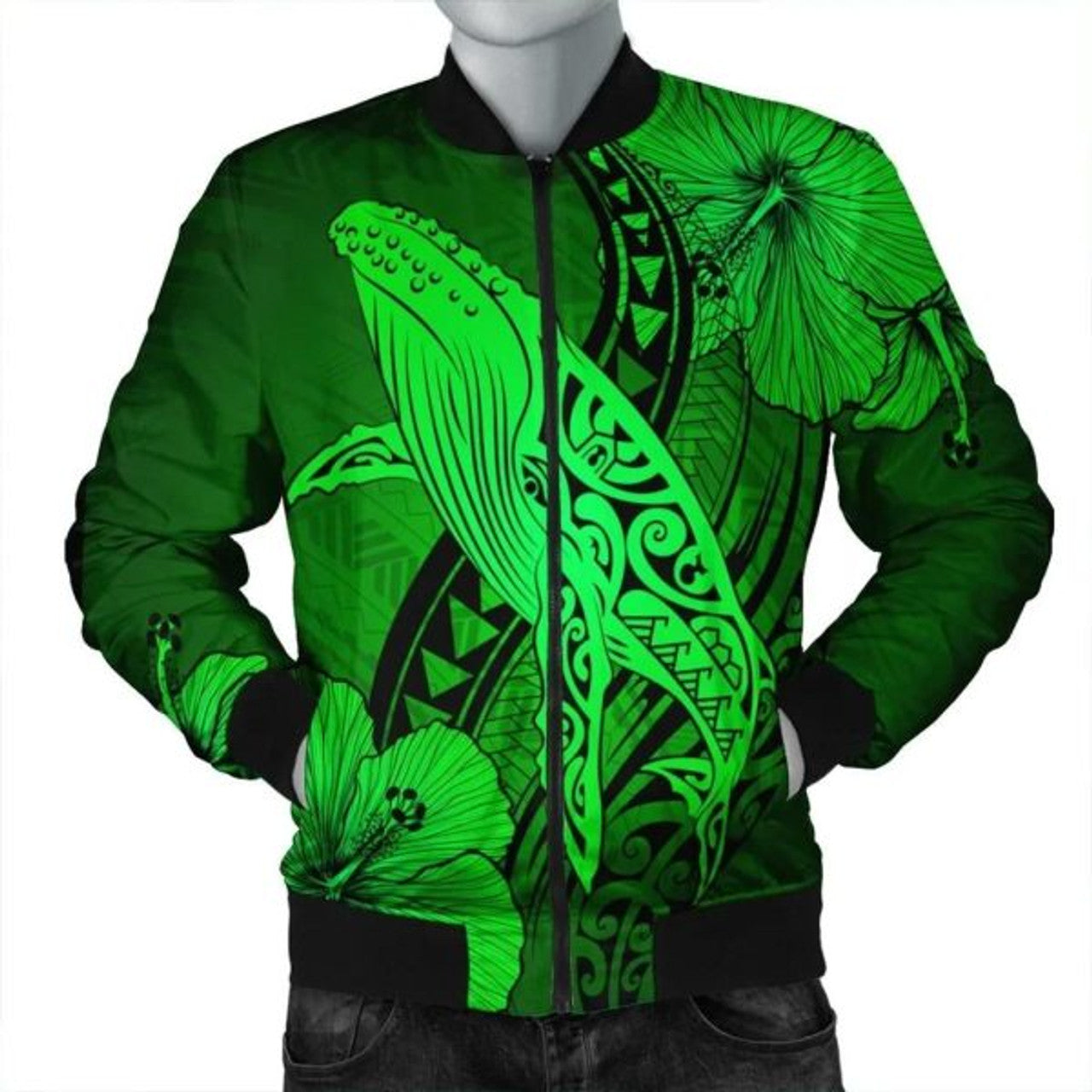 FUNSTUFFPRINT Hawaiian Map Whale Swim Hibiscus Polynesian Bomber Jacket - AH - R Bomber Jacket