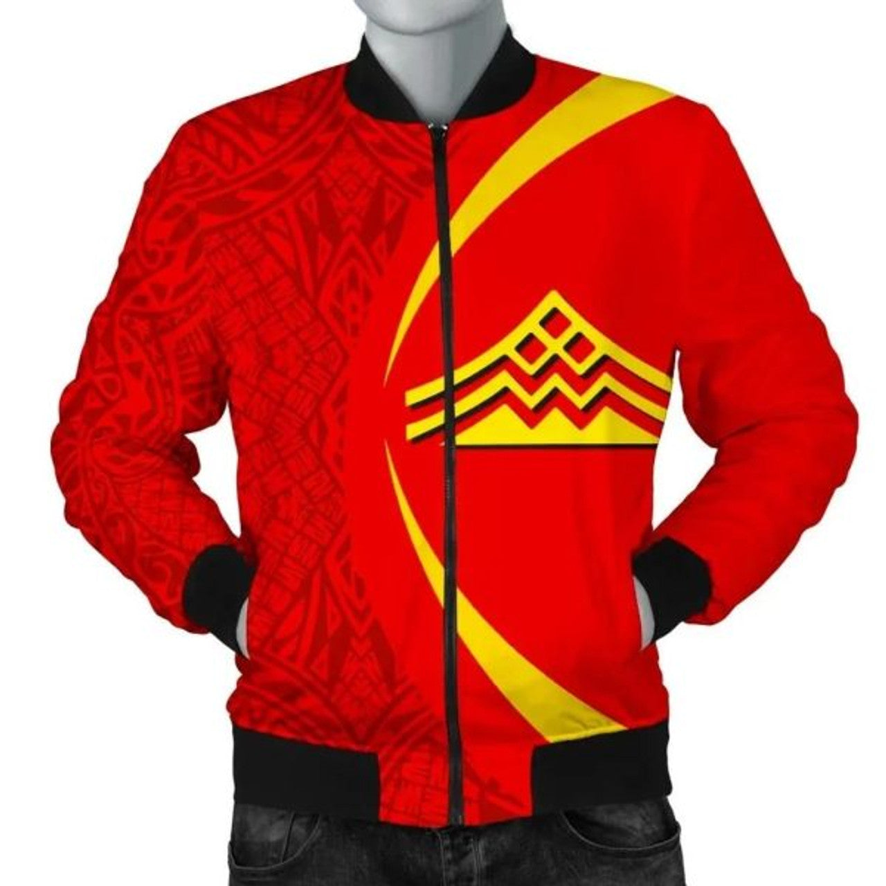FUNSTUFFPRINT Hawaiian Mauna Kea Polynesian Men's Bomber Jacket - Circle Style - Black - AH - Bomber Jacket