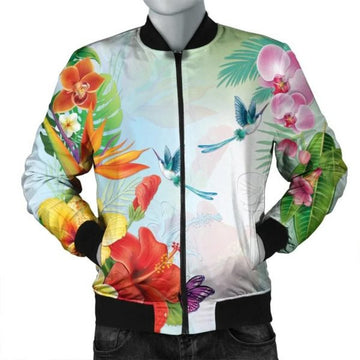 FUNSTUFFPRINT Hawaiian Orchids Strelitzia Hibiscus Plumeria Hummingbirds Polynesian Bomber Jacket - AH - JR Bomber Jacket