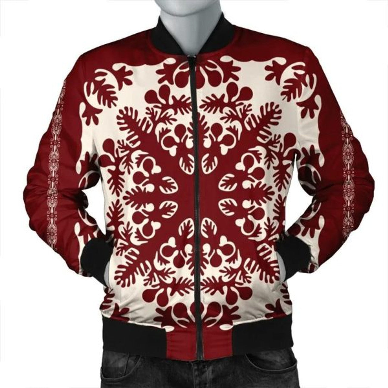 FUNSTUFFPRINT Hawaiian Palm Tree Quilt Tradition Red Bomber Jacket - AH - JR Bomber Jacket