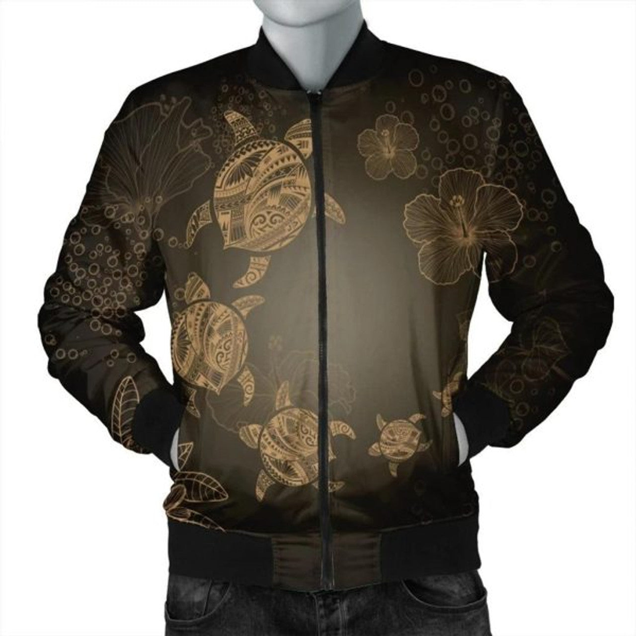 FUNSTUFFPRINT Hawaiian Plumeria Hibiscus Turtle Under Sea Polynesian Bomber Jacket Gold AH - R