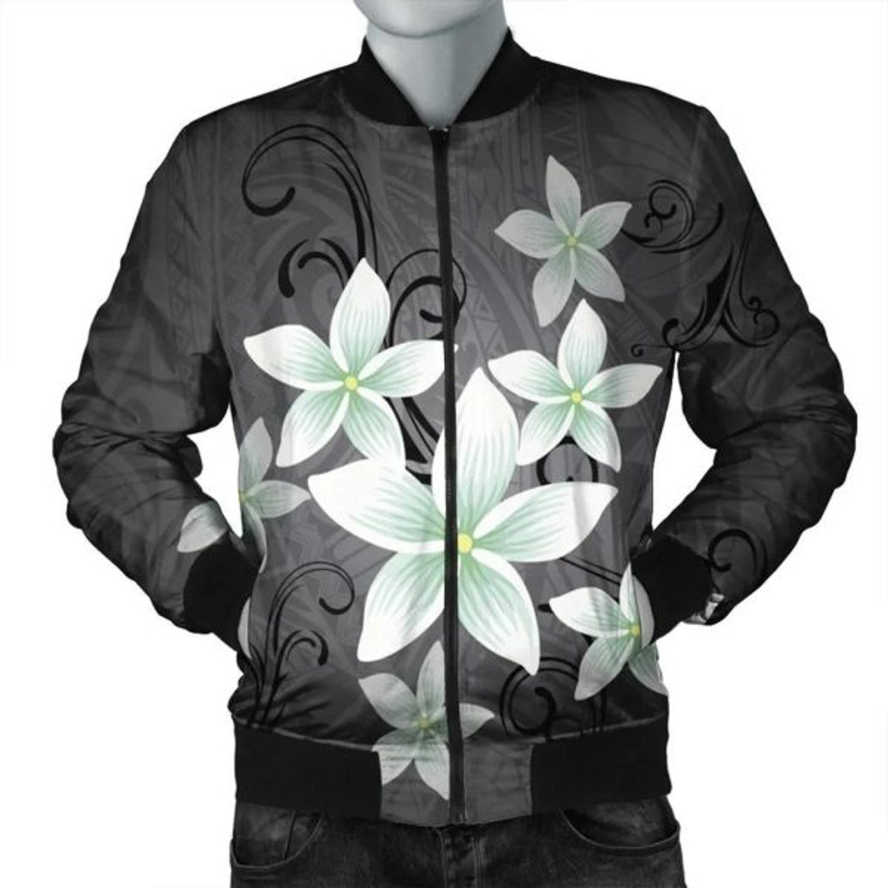 FUNSTUFFPRINT Hawaiian Plumeria Polynesian Bomber Jacket - Gray - AH - R Bomber Jacket