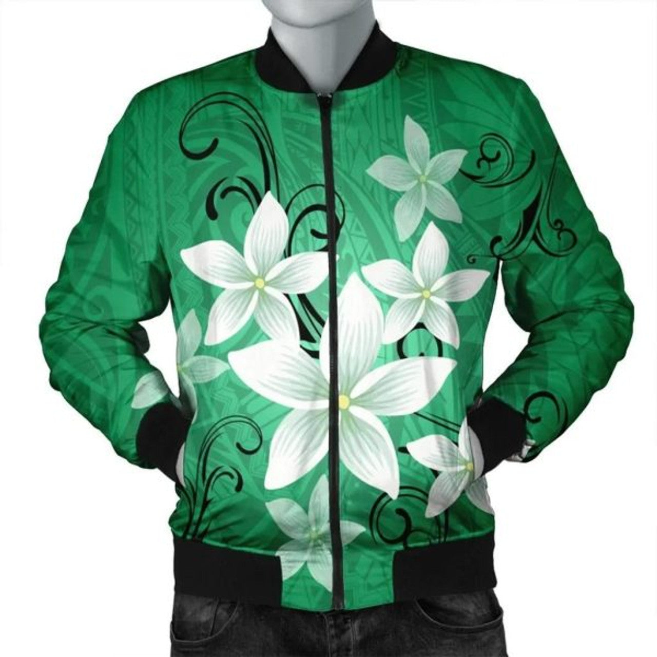 FUNSTUFFPRINT Hawaiian Plumeria Polynesian Bomber Jacket - Green - AH - R Bomber Jacket