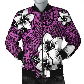 FUNSTUFFPRINT Hawaiian Plumeria Tribal Polynesian Bomber Jacket Pink AH - R Bomber Jacket