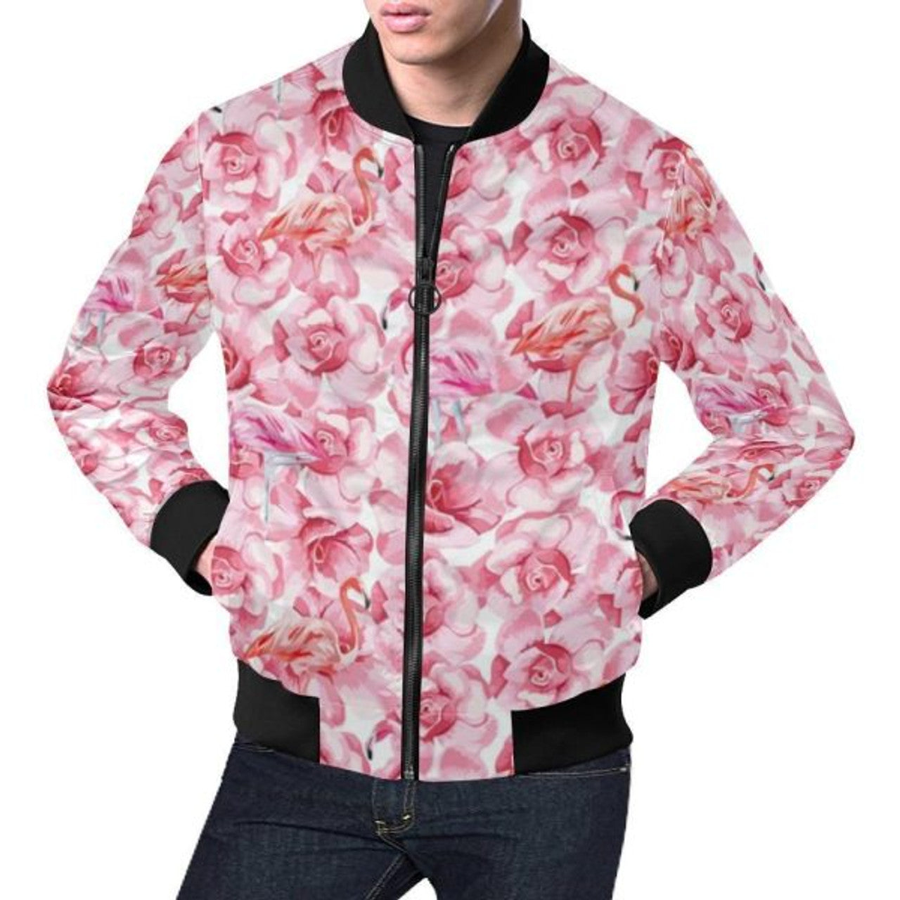 FUNSTUFFPRINT Hawaiian Tropical Flamingo Floral Pattern Print Men's 3D Bomber Jacket