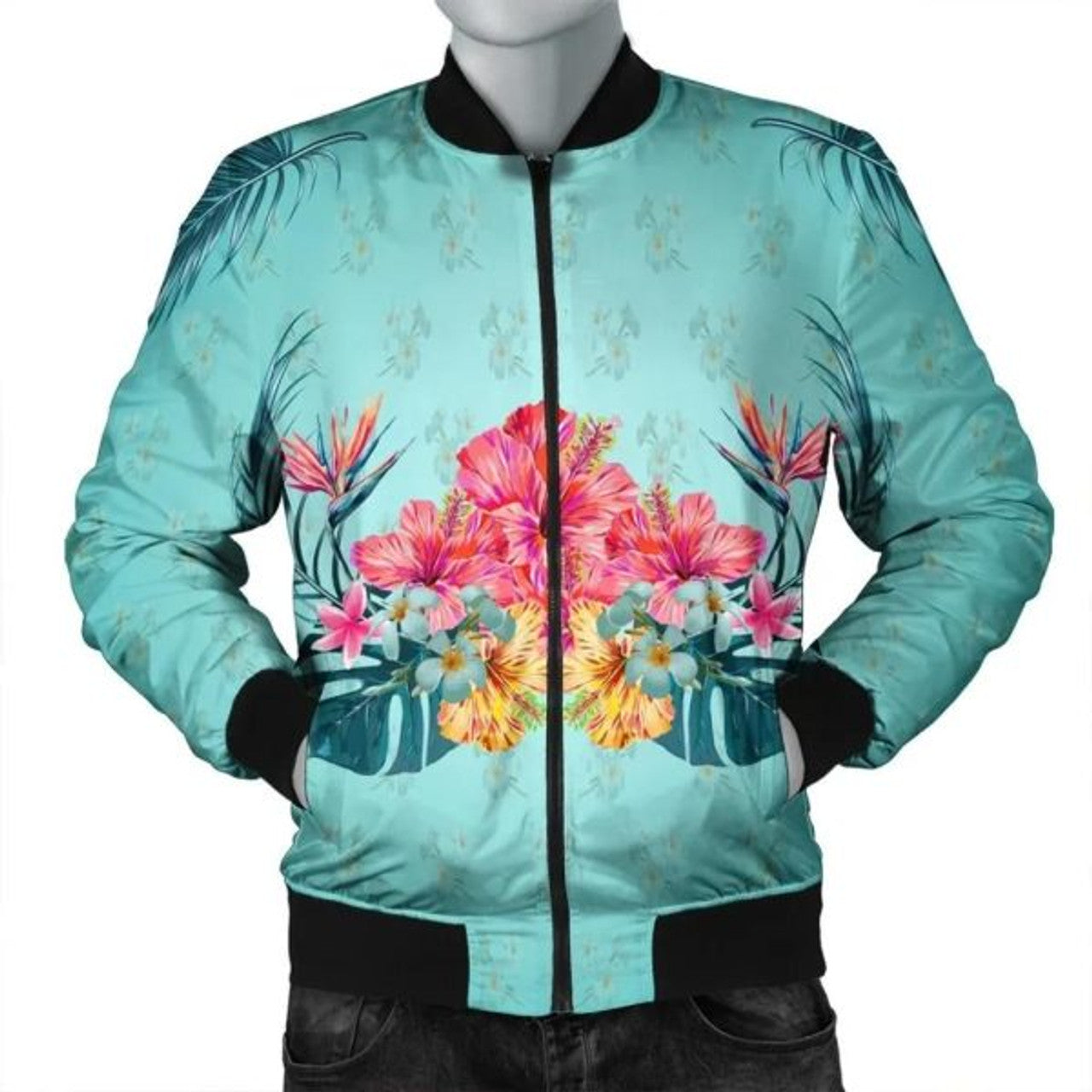 FUNSTUFFPRINT Hawaiian Tropical Strelitzia Hibiscus Plumeria Centre Bomber Jacket - AH - JR Bomber Jacket