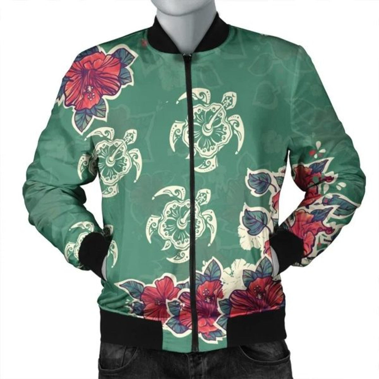 FUNSTUFFPRINT Hawaiian Turtle And Colorful Hibiscus Polynesian Bomber Jacket - AH - JR Bomber Jacket