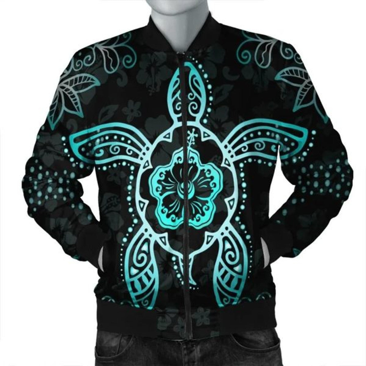 FUNSTUFFPRINT Hawaiian Turtle And Hibiscus Polynesian Bomber Jacket Turquoise - AH - JR Bomber Jacket
