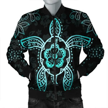 FUNSTUFFPRINT Hawaiian Turtle And Hibiscus Polynesian Bomber Jacket Turquoise - AH - JR Bomber Jacket