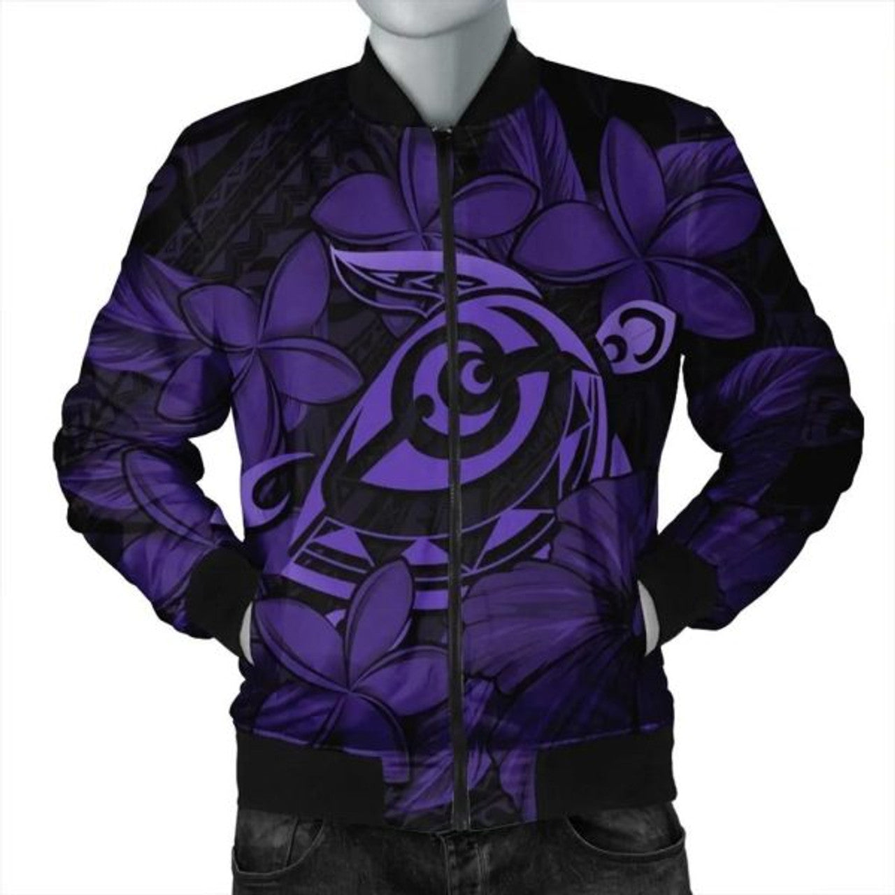 FUNSTUFFPRINT Hawaiian Turtle Hibiscus Plumeria Kanaka Polynesian Bomber Jacket - Soft Style - AH - R Bomber Jacket