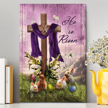 He Is Risen Easter Bunny Cross Lily Flower White Butterfly Purple Silk Canvas Art - Bible Verse Wall Art - Christian Inspirational Wall Decor