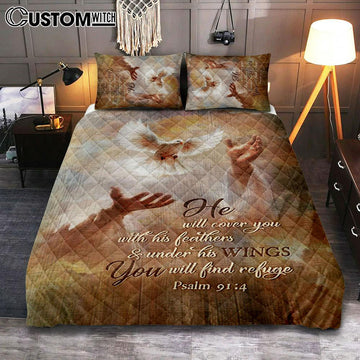 He Will Cover You With His Feathers Quilt Bedding Set - Beautiful Dove Jesus's Hand Quilt Bedding Set Art - Bible Verse Bedroom