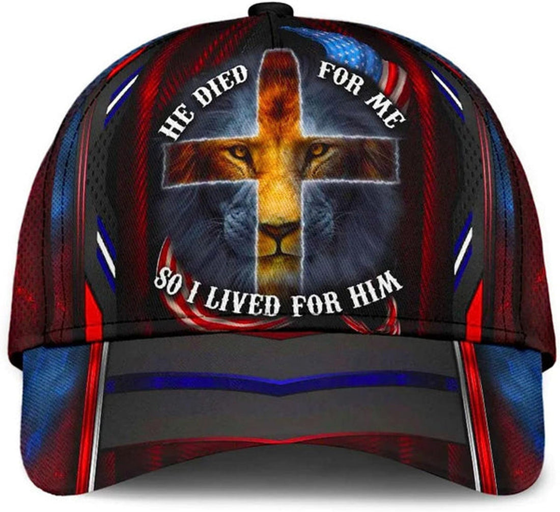FUNSTUFFPRINT He Died For Me So I Live For Him Lion Cross All Over Print Baseball Cap - Christian Hats For Men Women