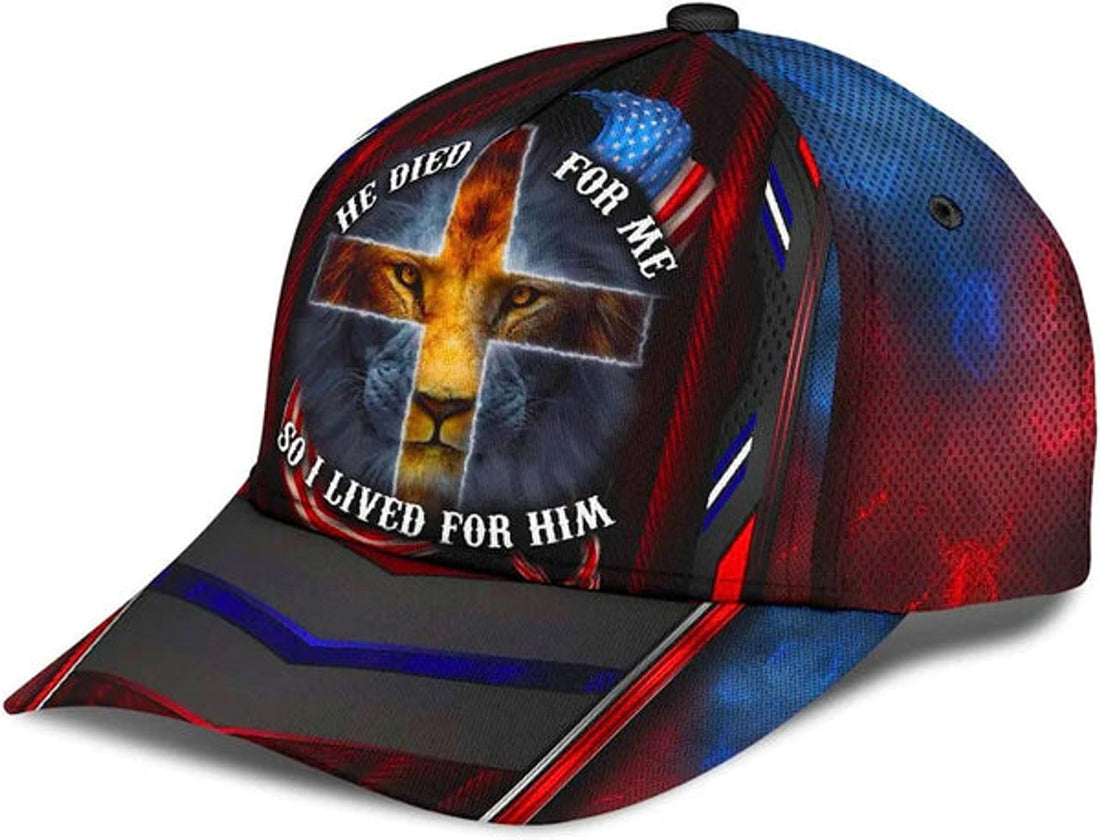 FUNSTUFFPRINT He Died For Me So I Live For Him Lion Cross All Over Print Baseball Cap - Christian Hats For Men Women