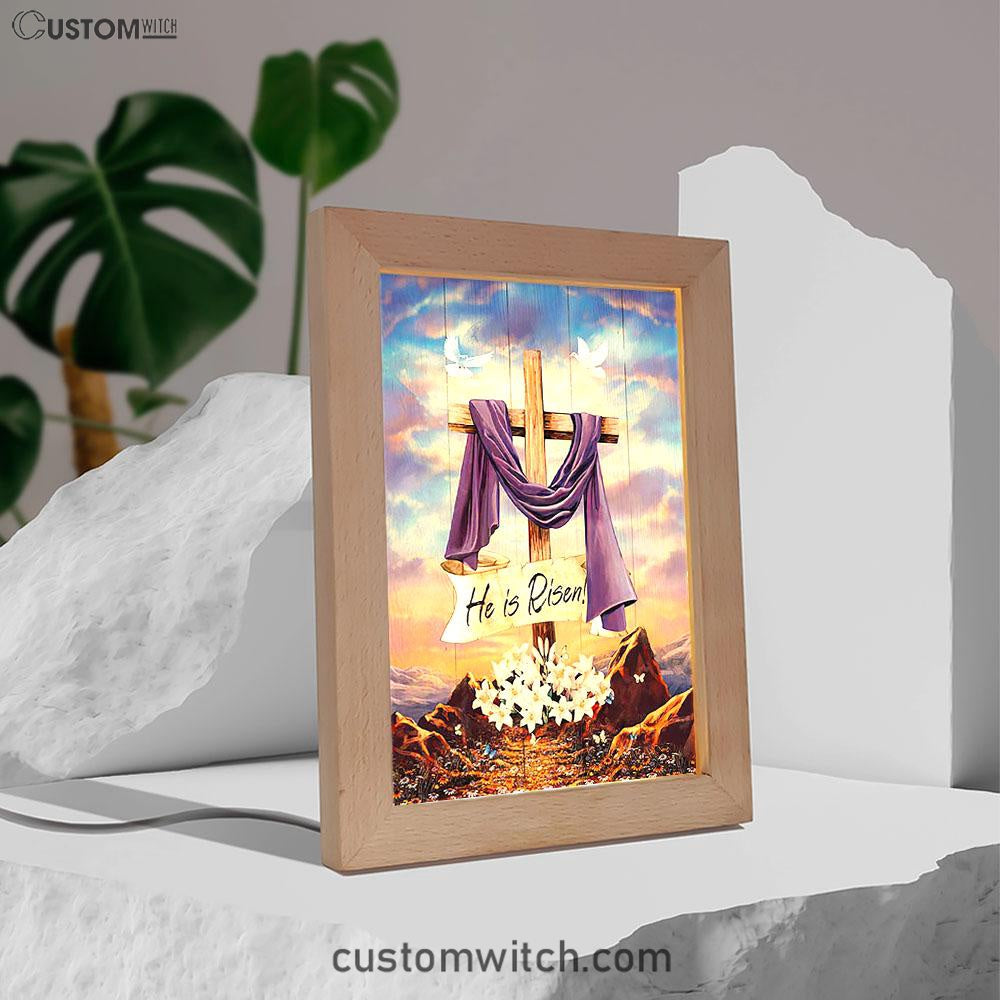 He Is Risen Cross Purple Ribbon Lily Flower Frame Lamp Art - Bible Verse Art - Christian Inspirational Decor