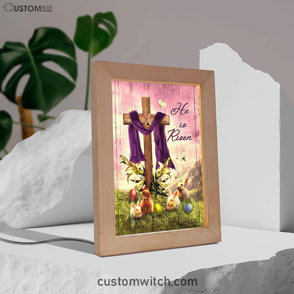 He Is Risen Easter Bunny Cross Lily Flower White Butterfly Purple Silk Frame Lamp Art - Bible Verse Art - Christian Inspirational Decor