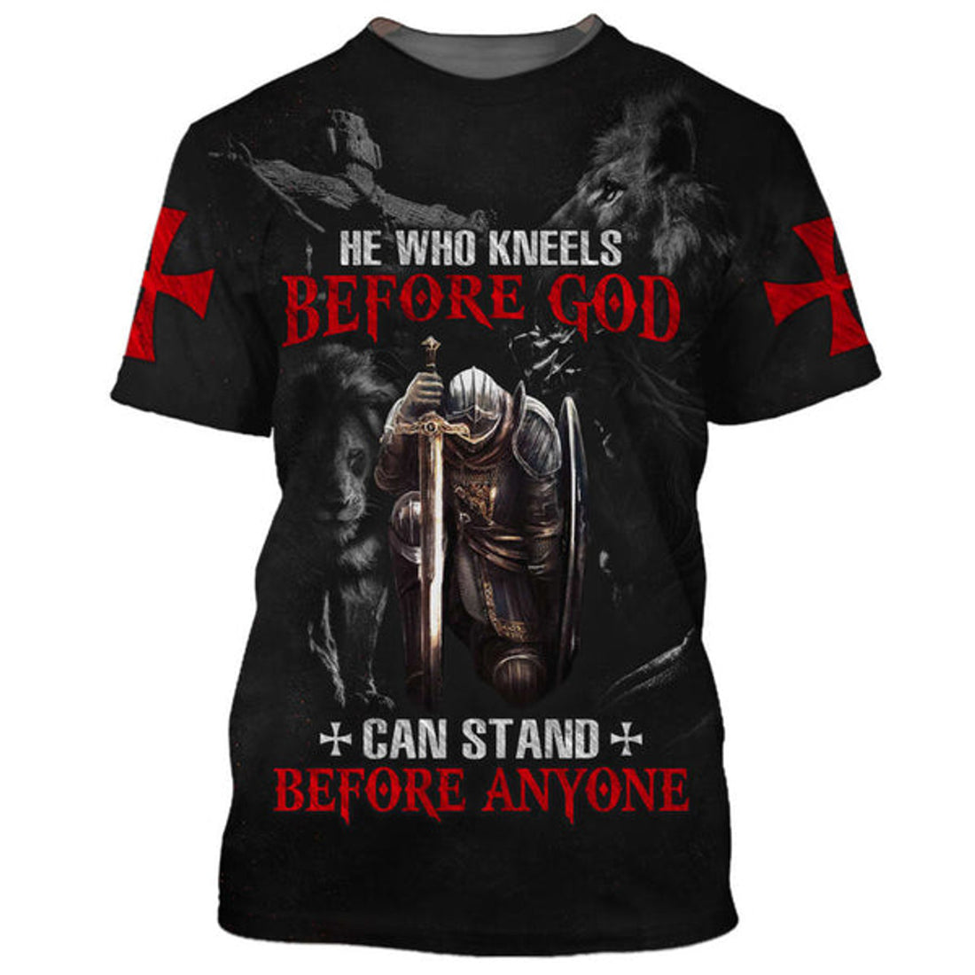 FUNSTUFFPRINT He Who Kneels Before God Can Stand Before Anyone Christian 3D T-shirt