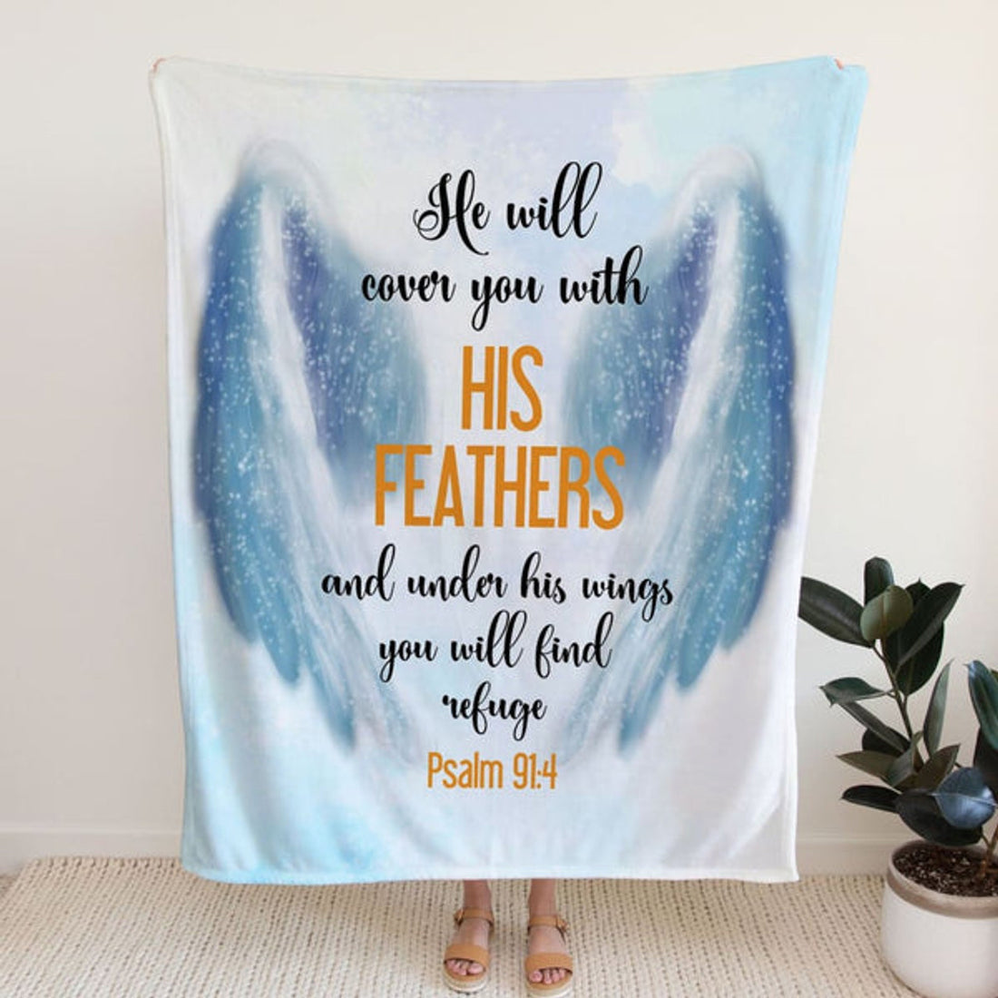 FUNSTUFFPRINT He Will Cover You With His Feathers Psalm 914 Fleece Blanket - Christian Blanket - Bible Verse Blanket