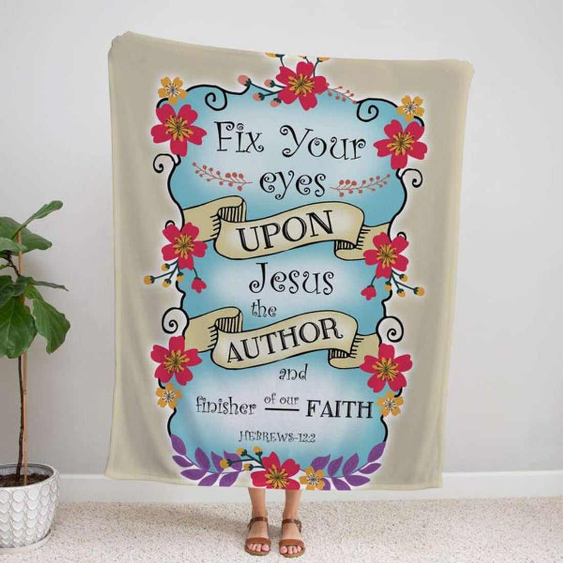 FUNSTUFFPRINT Hebrews 122 Fix Your Eyes Upon Jesus Fleece Blanket - Christian Blanket - Bible Verse Blanket