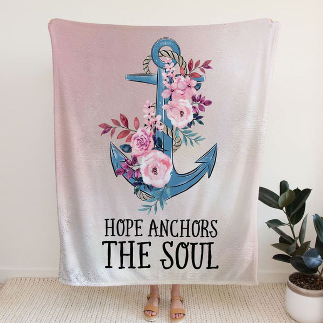 FUNSTUFFPRINT Hebrews 619 Hope Anchors The Soul Floral Fleece Blanket - Christian Blanket - Bible Verse Blanket