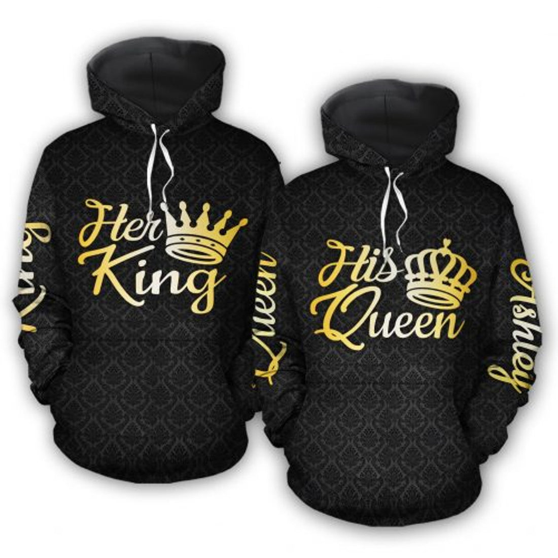 FUNSTUFFPRINT Custom Name Couple Matching 3D Hoodie Her King His Queen 3D Hoodie and Zip Hoodie
