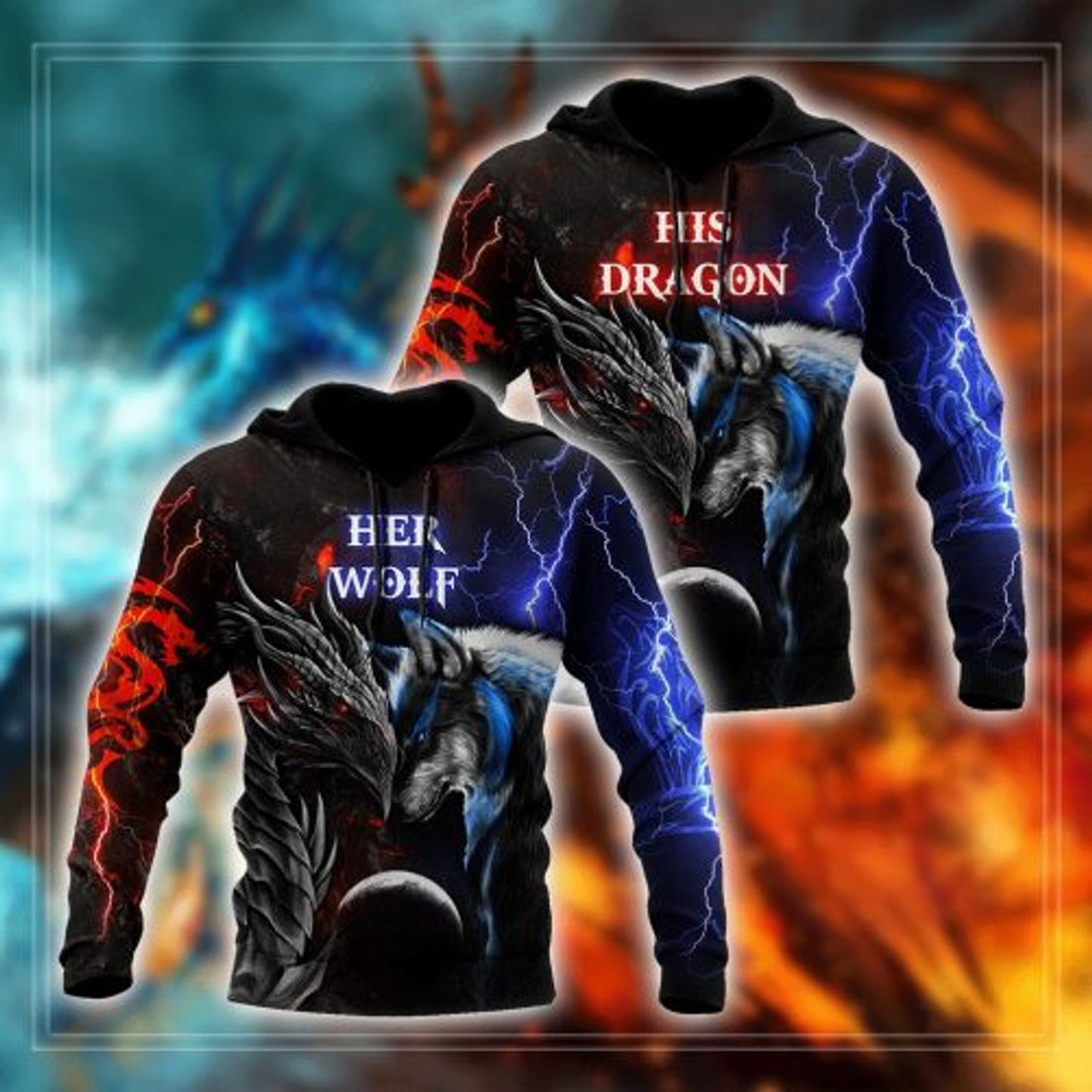 FUNSTUFFPRINT Matching Wolf Dragon Couple 3D All Over Hoodie His Dragon Her Wolf 3D Hoodie and Zip Hoodie