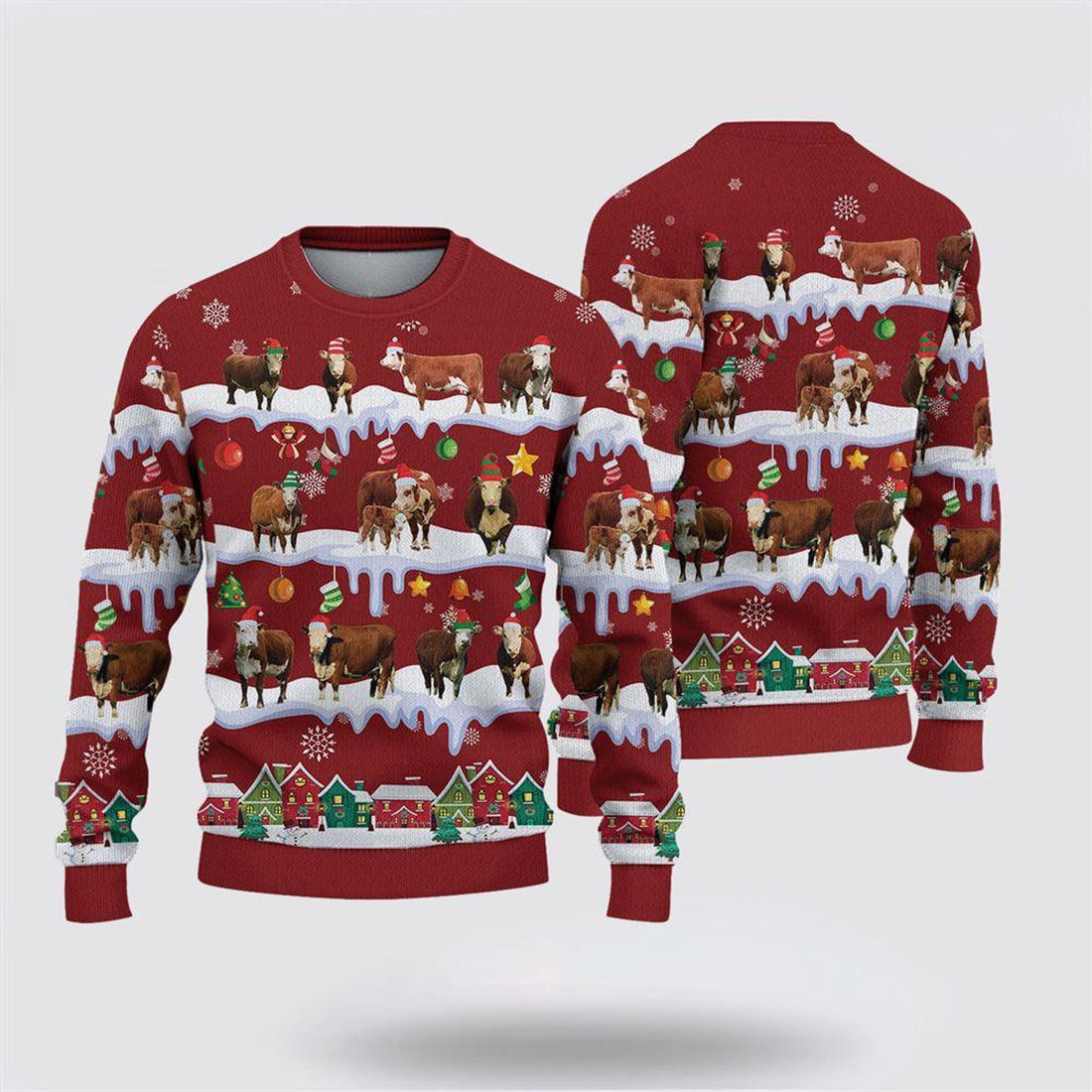 FUNSTUFFPRINT Hereford Christmas Knitted Sweater, Gifts For Farmers, Rural Lovers Ugly  Sweater