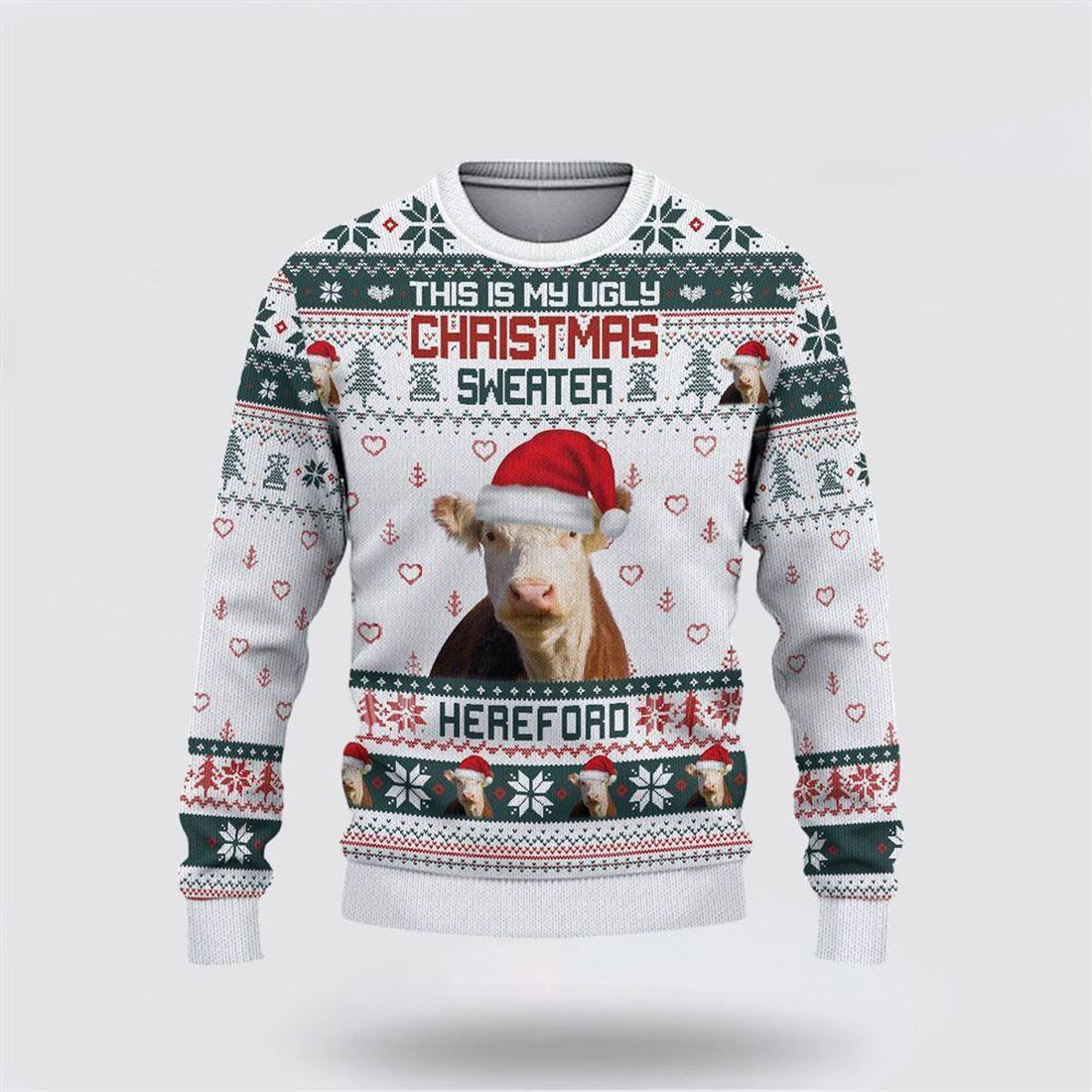 FUNSTUFFPRINT Hereford Green Merry Christmas Ugly Sweater, Gifts For Farmers Ugly Sweater
