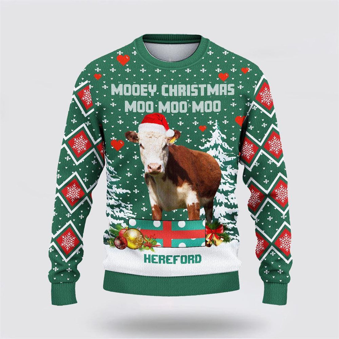 FUNSTUFFPRINT Hereford Green Merry Christmas Ugly Sweater, Gifts For Farmers, Rural Lovers Ugly Sweater