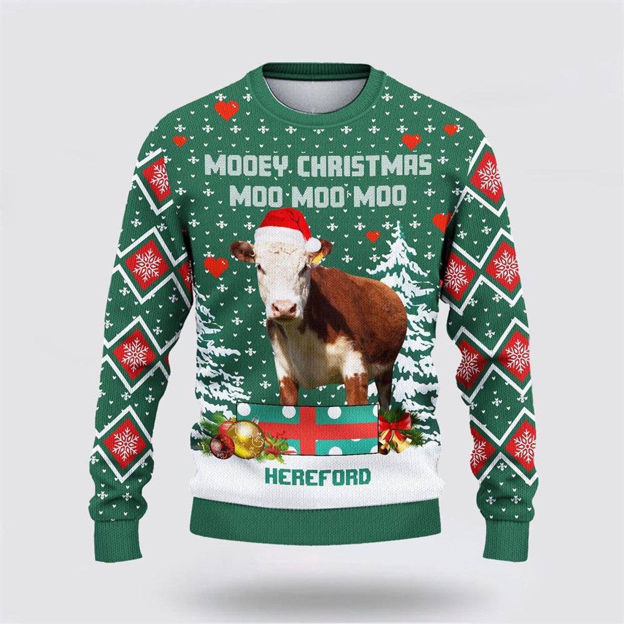 FUNSTUFFPRINT Hereford Green Merry Christmas Ugly Sweater, Gifts For Farmers, Rural Lovers Ugly Sweater