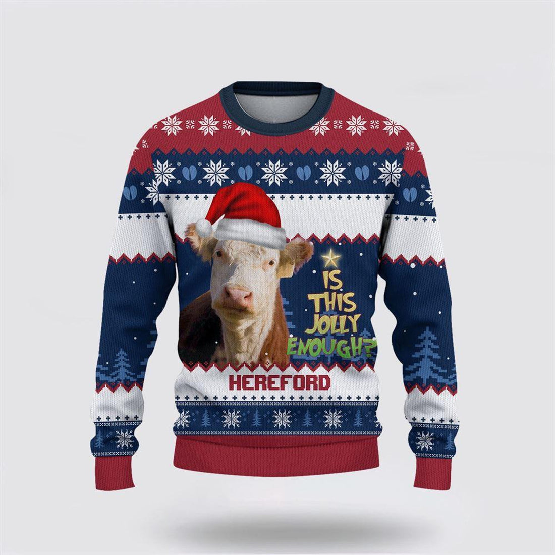 FUNSTUFFPRINT Hereford Jolly Merry Christmas Ugly Sweater, Gifts For Farmers, Rural Lovers Ugly Sweater