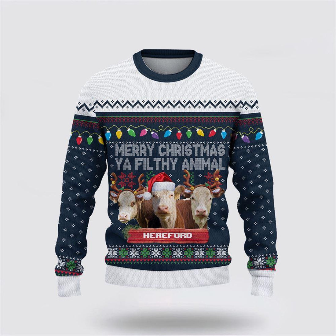 FUNSTUFFPRINT Hereford Merry Christmas Ugly Sweater, Gifts For Farmers, Rural Lovers Ugly Sweater