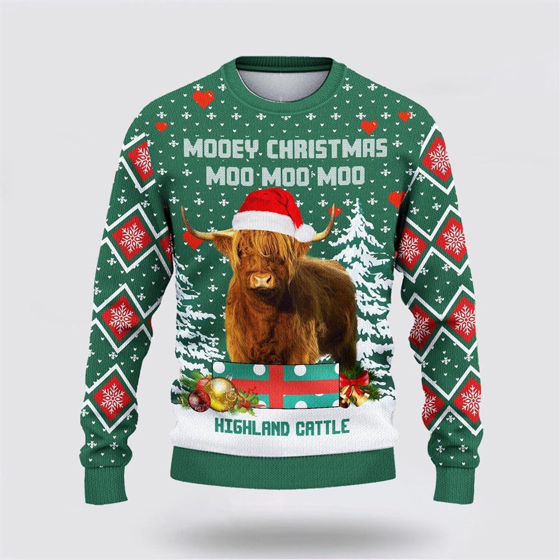 FUNSTUFFPRINT Highland Cattle Green Merry Christmas Ugly Sweater, Gifts For Farmers Ugly Sweater