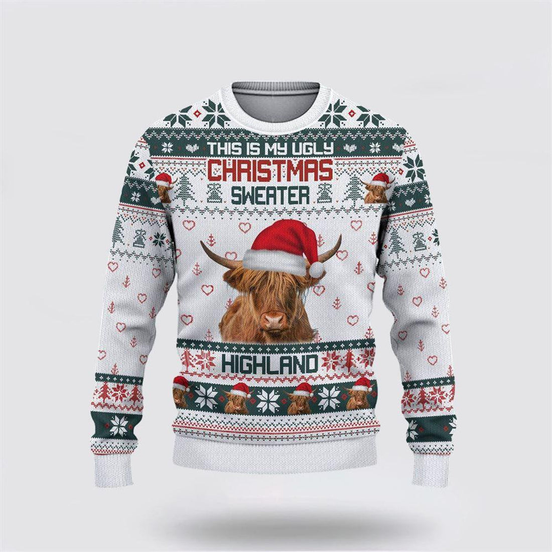 FUNSTUFFPRINT Highland Cattle Green Merry Christmas Ugly Sweater, Gifts For Farmers, Rural Lovers Ugly Sweater
