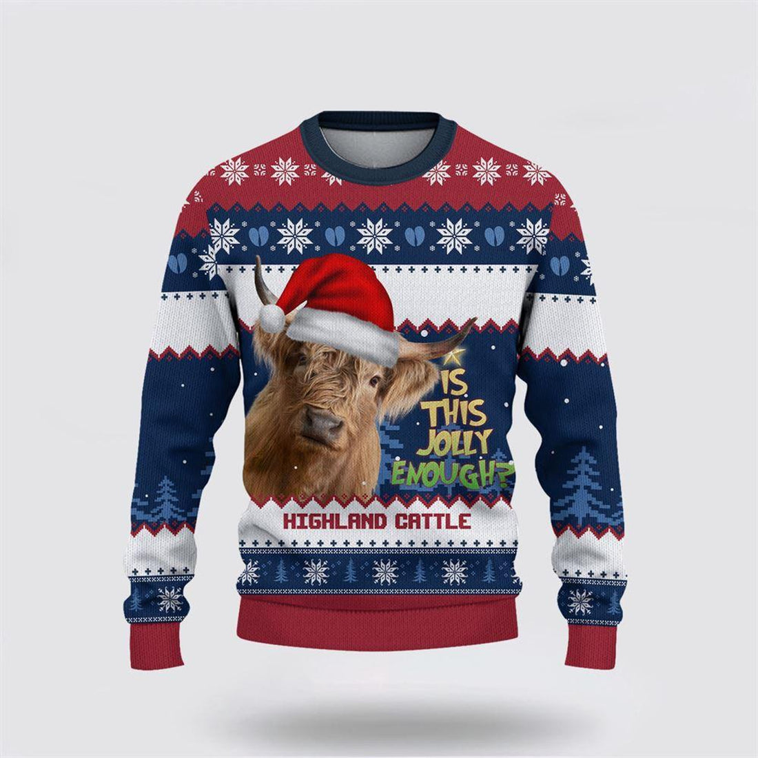 FUNSTUFFPRINT Highland Cattle Jolly Merry Christmas Ugly Sweater, Gifts For Farmers, Rural Lovers Ugly Sweater