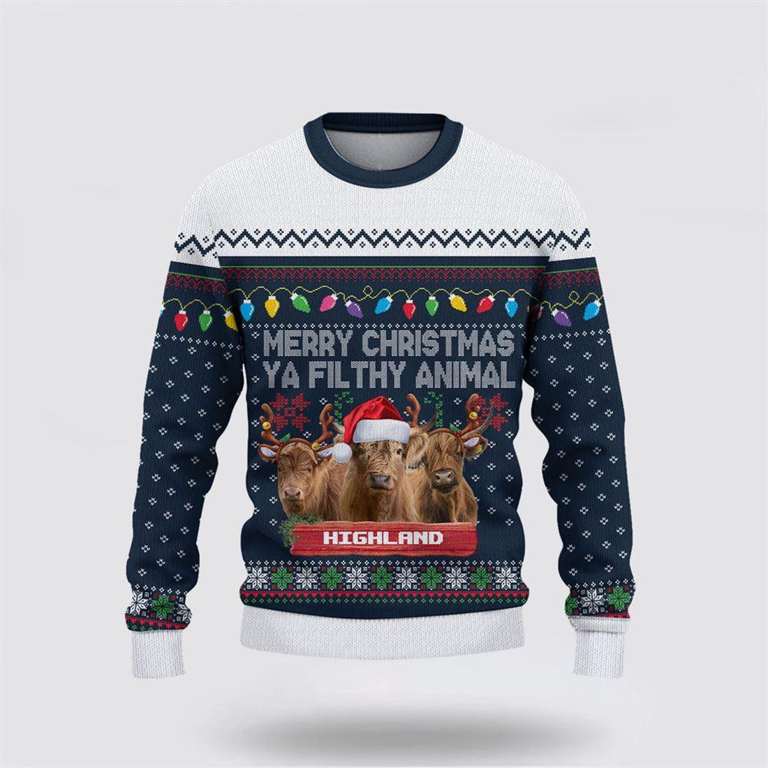 FUNSTUFFPRINT Highland Cattle Merry Christmas Ugly Sweater, Gifts For Farmers, Rural Lovers Ugly Sweater