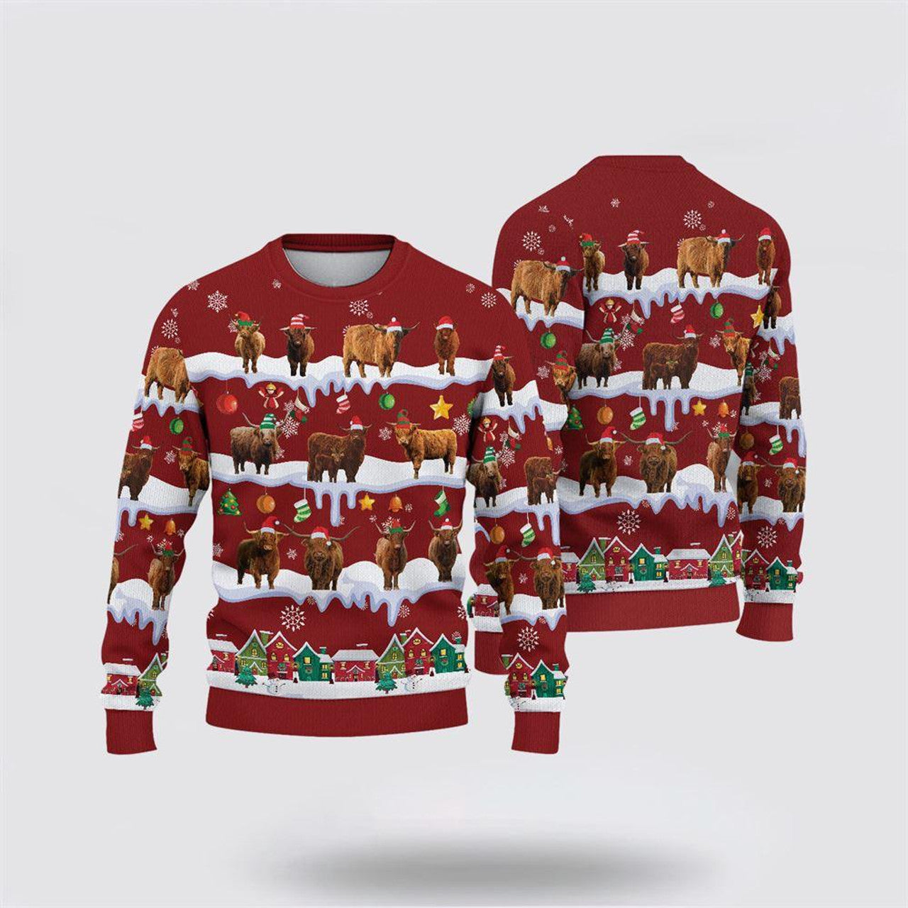FUNSTUFFPRINT Highland Christmas Knitted Sweater, Gifts For Farmers, Rural Lovers Ugly  Sweater