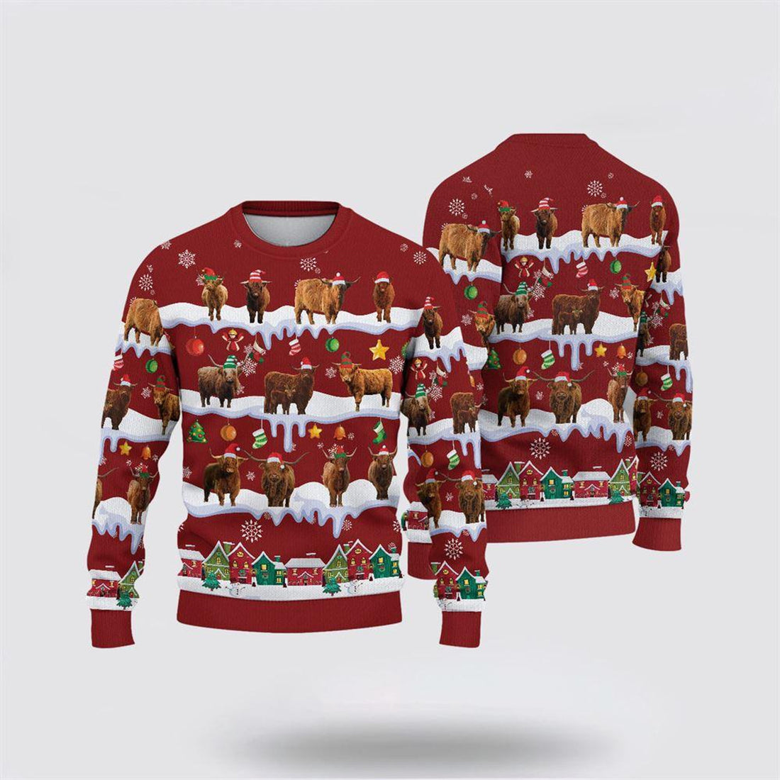 FUNSTUFFPRINT Highland Christmas Knitted Sweater, Gifts For Farmers, Rural Lovers Ugly  Sweater