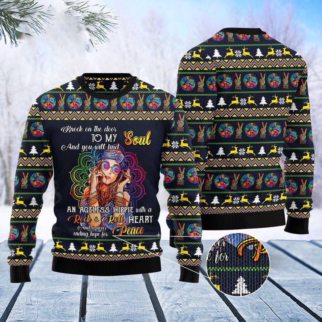 FUNSTUFFPRINT Hippie Girl Ugly Christmas Sweater, Christmas Sweater, Ugly Sweater, Funny Xmas Sweaters Ugly Sweater