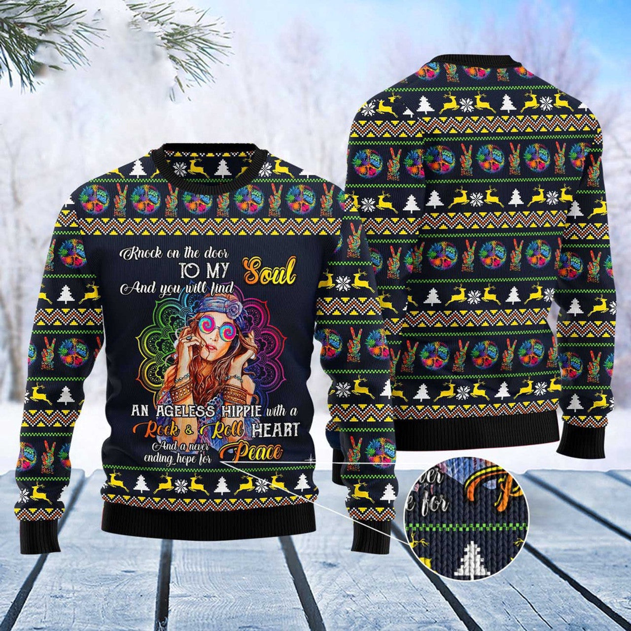 FUNSTUFFPRINT Hippie Girl Ugly Christmas Sweater, Christmas Sweater, Ugly Sweater, Funny Xmas Sweaters Ugly Sweater