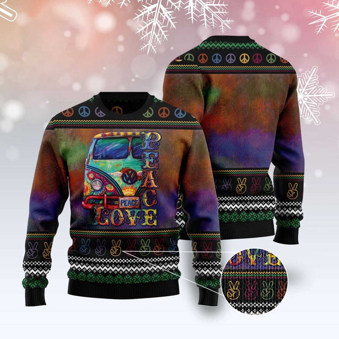 FUNSTUFFPRINT Hippie Peace Love Ugly Christmas Sweater, Christmas Sweater, Ugly Sweater, Funny Xmas Sweaters Ugly Sweater