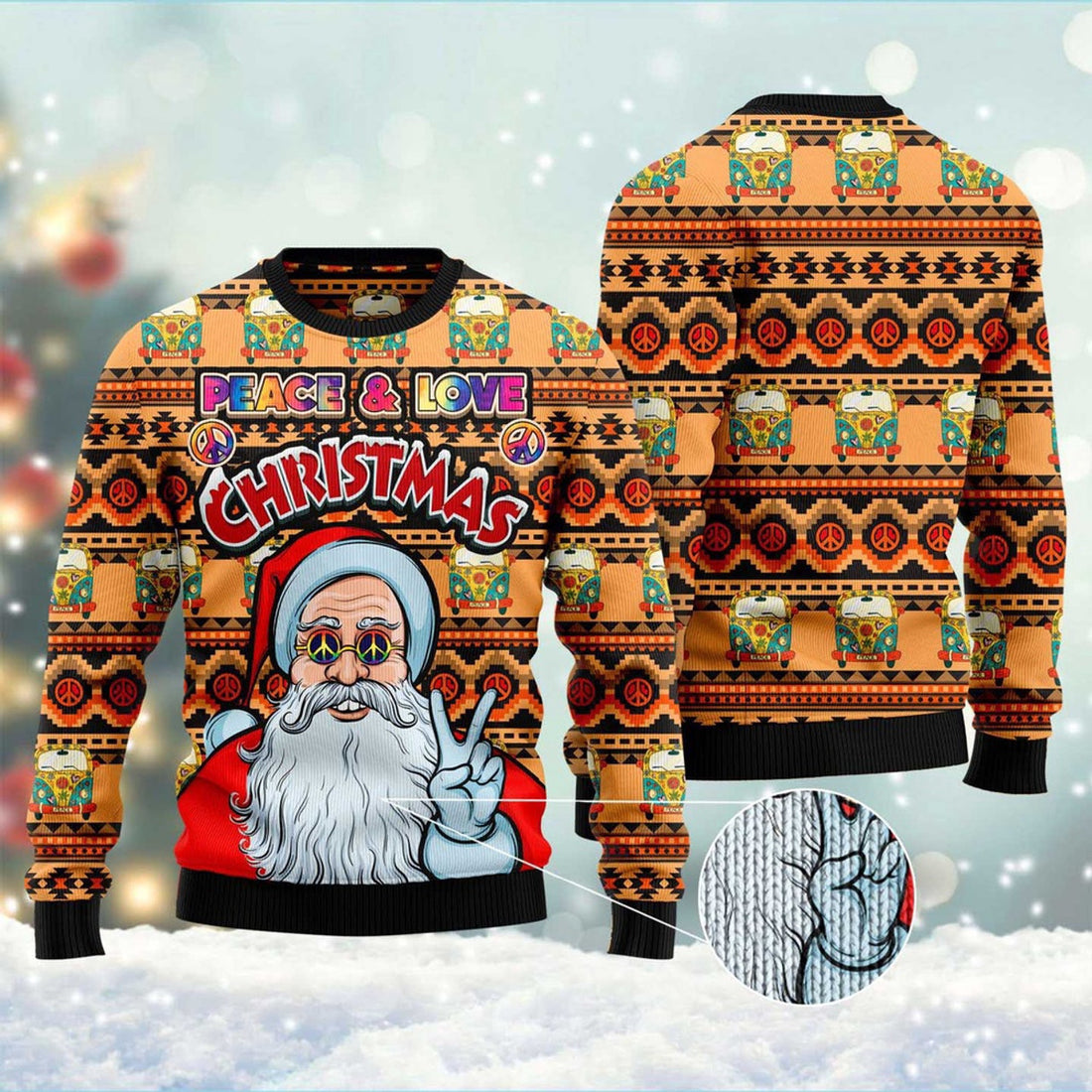 FUNSTUFFPRINT Hippie Santa Claus Peace And Love Ugly Christmas Sweater, Christmas Sweater, Ugly Sweater, Funny Xmas Sweaters Ugly Sweater