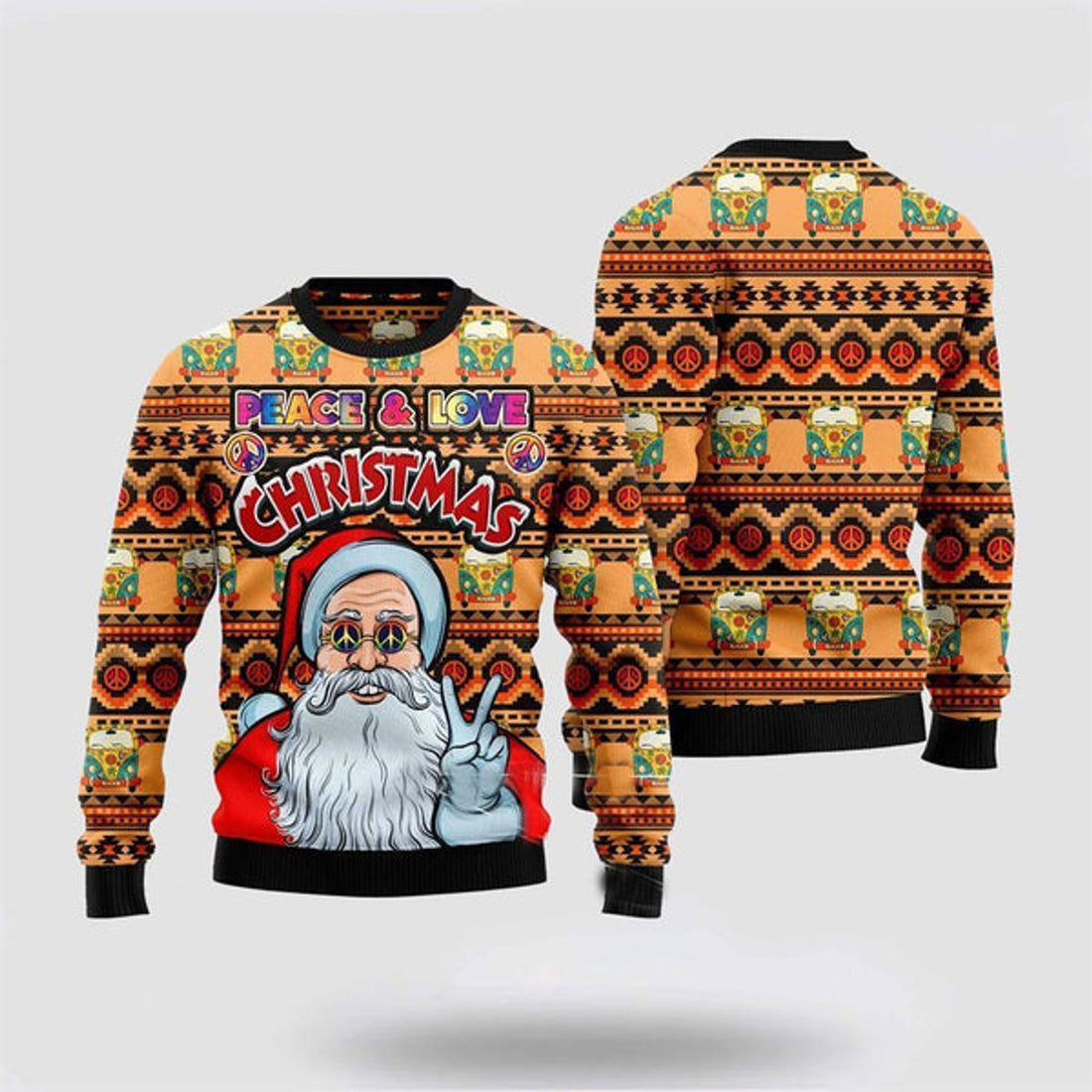 FUNSTUFFPRINT Hippie Santa Claus Peace And Love Ugly Christmas Sweater For Men And Women, Best Gift For Christmas, The Beautiful Winter Christmas Outfit Ugly Sweater