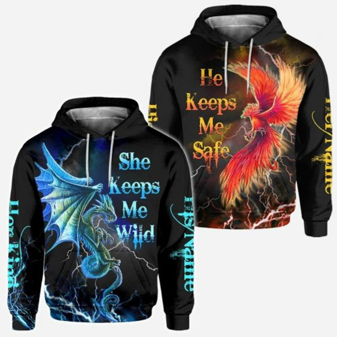 FUNSTUFFPRINT Personalized Dragon Couple 3D All Over Hoodie He Keeps Me Safe She Keeps Me Wild 3D Hoodie and Zip Hoodie