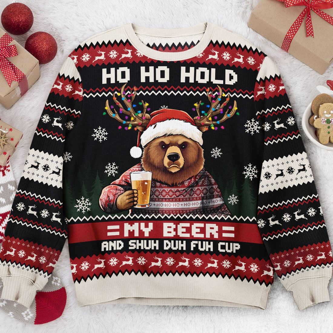 FUNSTUFFPRINT Custom Ho Ho Hold My Beer, Bourbon, Wine And Shuh Duh Fuh Cup Ugly Sweater
