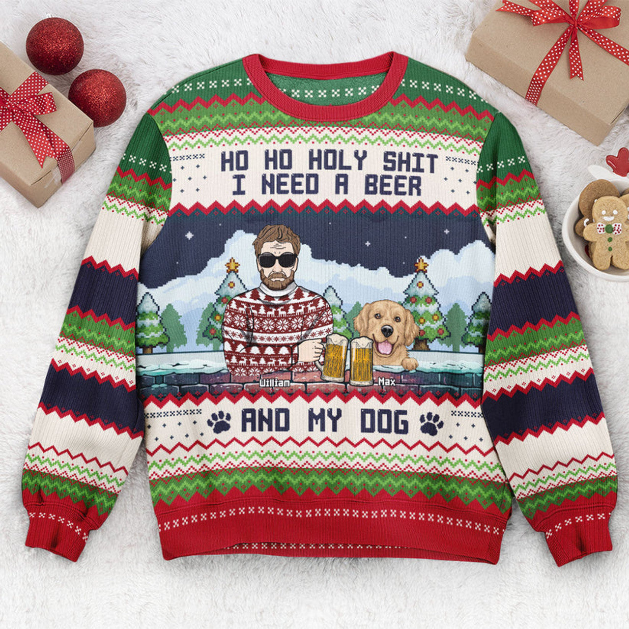 FUNSTUFFPRINT Custom  Ho Ho Holy I Need A Beer Bourbon Wine And My Dog Ugly  Sweater