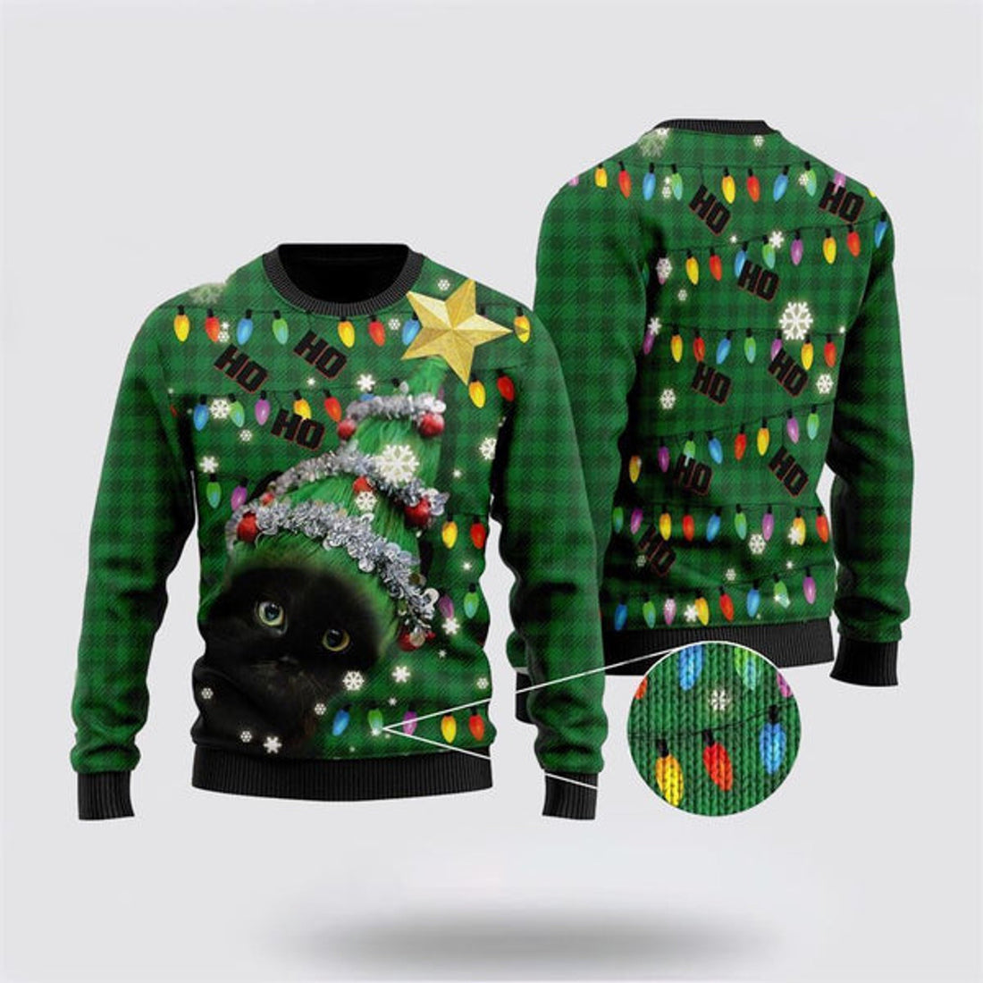 FUNSTUFFPRINT Ho Ho Ho Black Cat Christmas Tree Ugly Christmas Sweater For Men And Women, Best Gift For Christmas, Christmas Fashion Winter  Ugly  Sweater