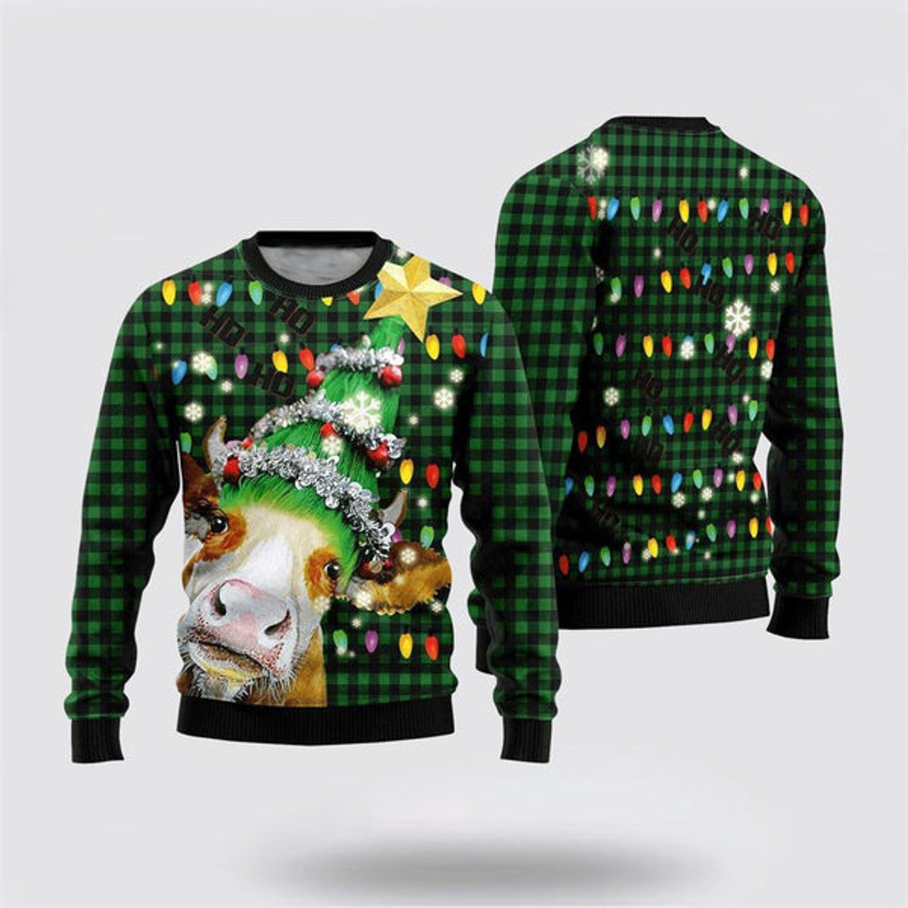 FUNSTUFFPRINT Ho Ho Ho Cow Christmas Tree Ugly Christmas Sweater, Farm Sweater, Christmas Gift, Best Winter Outfit Christmas Ugly Sweater