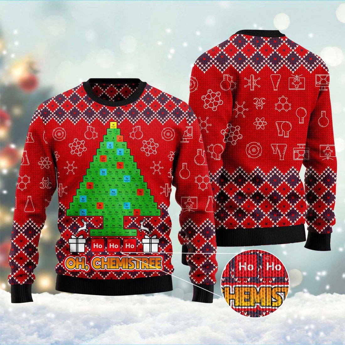 FUNSTUFFPRINT Ho Ho Ho Oh Chemistree Ugly Christmas Sweater, Christmas Sweater, Ugly Sweater, Funny Xmas Sweaters Ugly Sweater
