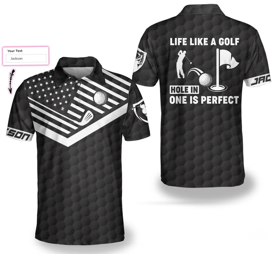 Custom Personalized Black America Flag Golf Ball Pattern Polo Shirt, Hole In One Is Perfect Custom Polo Shirt For Men, Best Gift For Golfers